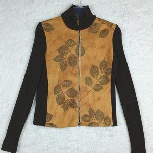 Robert Kitchen Womens Sweater Jacket Faux Suede Knit Full Zip Brown Eucalyptus S